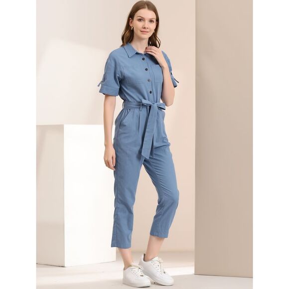 Short Sleeve Collared Cropped Button Down Tie Waist Cotton Cargo Jumpsuit Blue - Picture 2 of 6